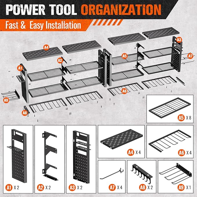 66" W Super Large Power Tool Organizer Wall Mount,Heavy Duty Cordless Tool Organizer with 18 Drill Holder,600 Lbs Capacity 4-Layer Garage Organization for Garage and Workshop (Black)