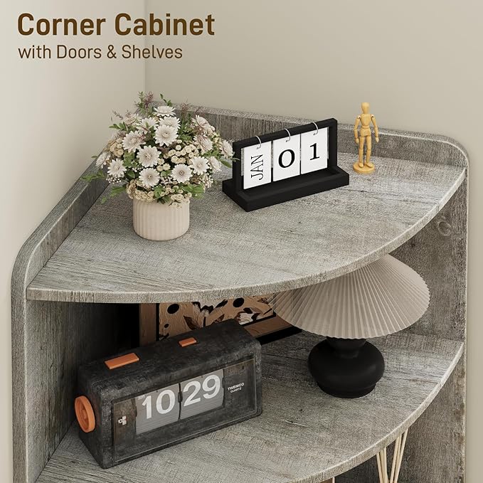 Vabches Tall Corner Cabinet, Farmhouse Corner Storage Shelf with 2 Doors and 6 Storage Shelves, Cabinet with Barn Door Design, Home Space Saver for Living Room, Kitchen, Bathroom, Grey