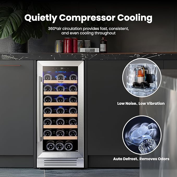 Yeego Wine Fridge Cooler - 15 Inch Wine Fridge Hold 33 Bottles, 40-65°F Wine Refrigerator Glass Door, Built in, Freestanding Under Counter Fridge for Beer Soda Drink Home Bar Office