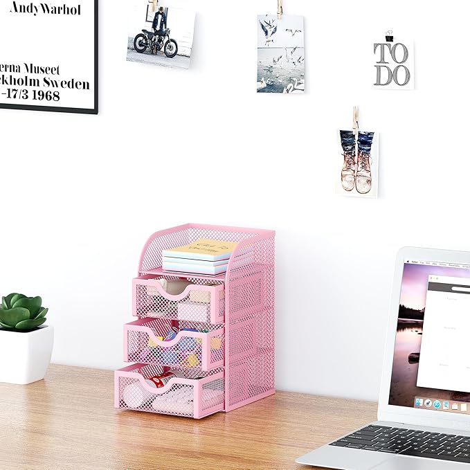 EasyPAG Mesh Desk Organizer with 3 Drawer Office Desktop Organizers and Accessories Stationery Caddy for Office, Home, Students, Pink