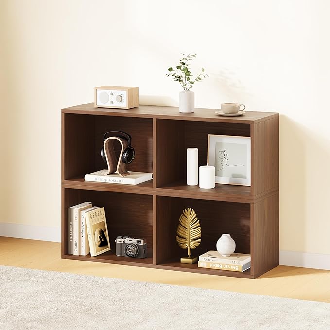 IOTXY DIY Modular Cube Bookcase - CubeXY Customizable Stackable Expandable Basic Shelving Units, 2-Cube Wooden Open Bookshelf for Miscellaneous Storage Organizer, Walnut