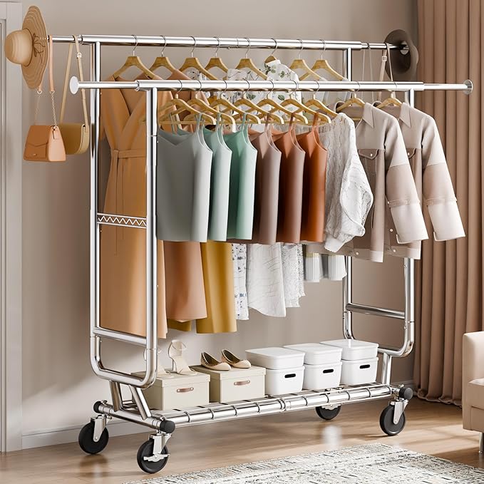 VEVOR Clothes Rack, Rolling Clothing Garment Rack, Extendable Carbon Steel Clothing Racks with Wheels for Bedroom, Laundry, Living Room