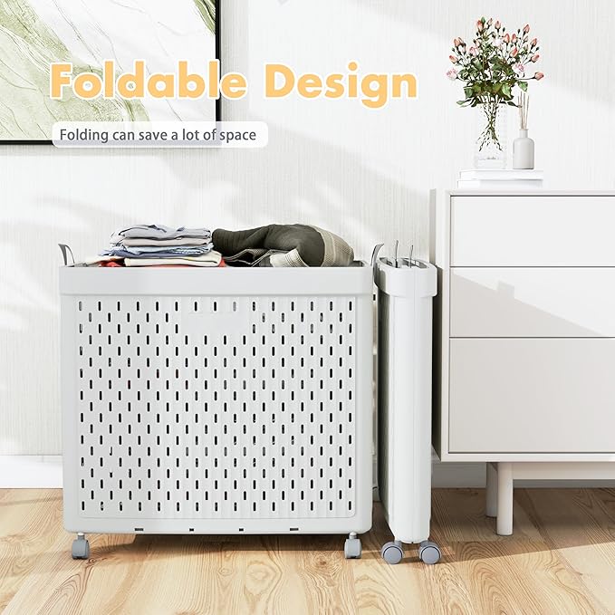 UAK Laundry Basket with Wheels, Collapsible Plastic Laundry Hamper with Handle, Foldable Laundry Basket Organizer for Laundry and Bathroom Light Grey, XXXXL (110L)