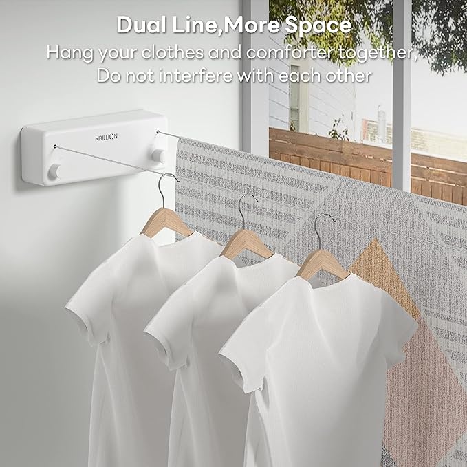 Mbillion Retractable Clothesline 13.8 Ft Stainless Steel Double Clothes line retracting Indoor Heavy Duty Retractable Laundry Line Wall Mounted (Double Line-White)