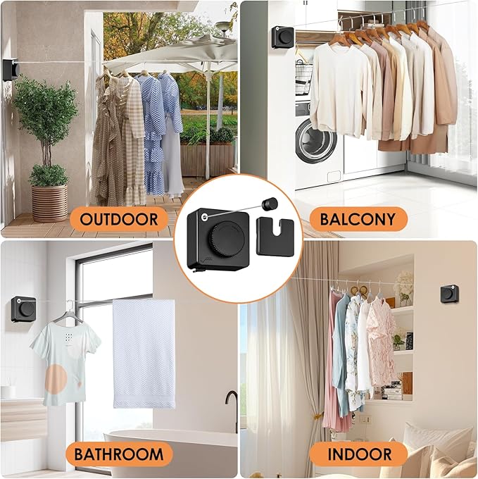 Yejay Retractable Clothesline Indoor, Non-Sagging Clothes Line Retracting Outdoors,Wall Mounted Heavy Duty Clothes Drying Line, Space-Saving Laundry Line for Balcony, Bathroom - 15.7Ft (Black)