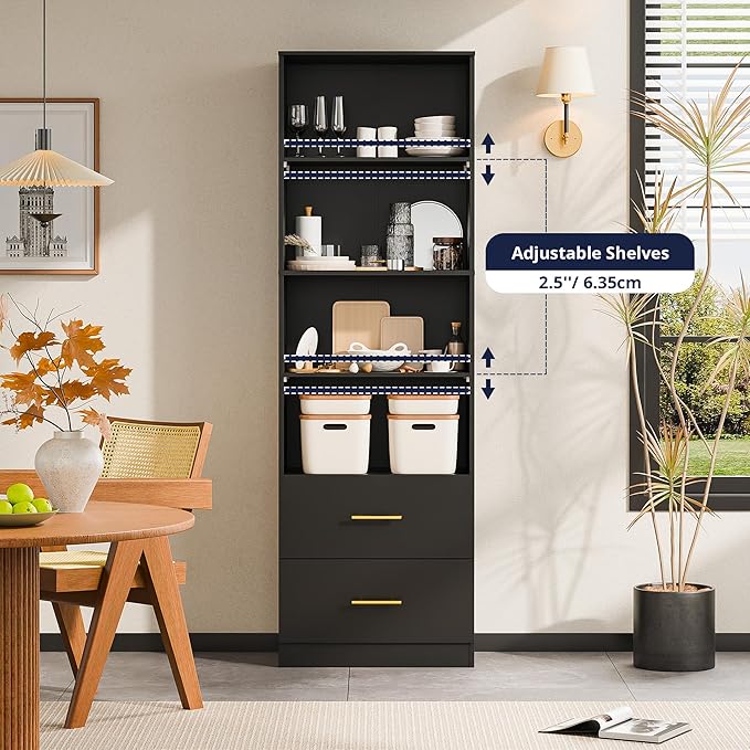 Cozy Castle 74.1'' Bookshelf,Tall Bookcase with Drawers, 4-Tier Open Bookshelf with Adjustable Storage Shelves,23.6 Inches Wide Floor Standing Bookcase for Home Office,Bedroom,Living Room,Black