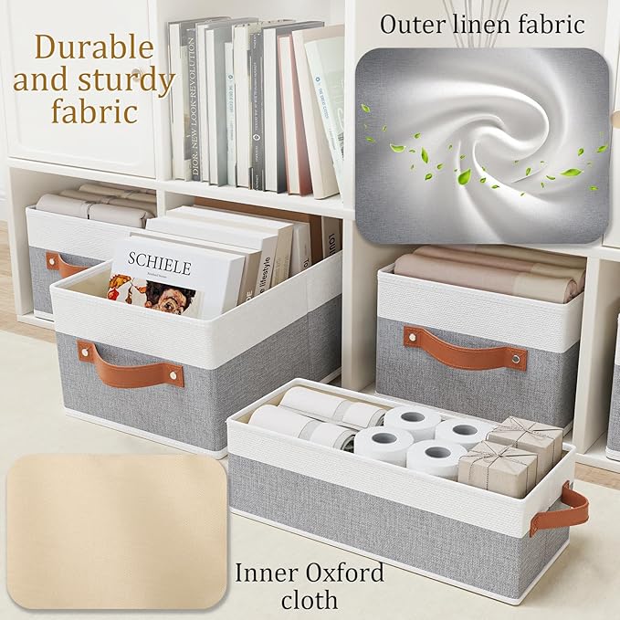 OUTBROS Storage Bins, Foldable Storage Baskets for Organizing,Fabric Storage Boxes With Handles,For bedrooms, living rooms, Shelves,Gray/White,16.1x6.5x9.8in,6-Pack