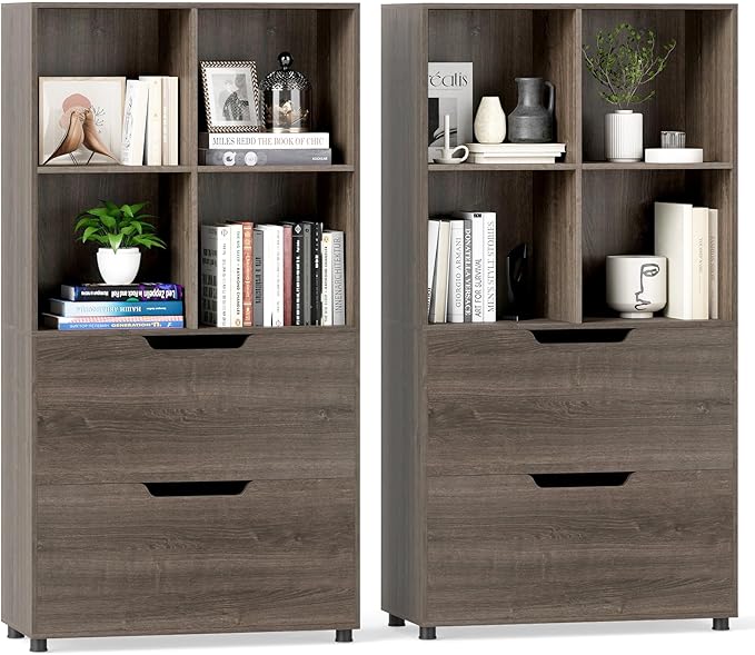 GOFLAME 4-Tier Bookcase with 2 Drawers, 51” Tall Bookshelf with 4-Cube Open Shelf, Wood, Modern, Freestanding Display Storage Organizer Shelf for Living Room, Home Office (2,Gray)