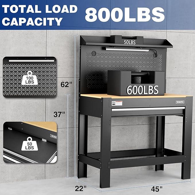 WORKPRO Garage Workbench with Storage, 45" Workbench with Pegboard, Power Outlets and Light, 800 LBS Multipurpose Work Bench for Garage, Warehouse, Workshop