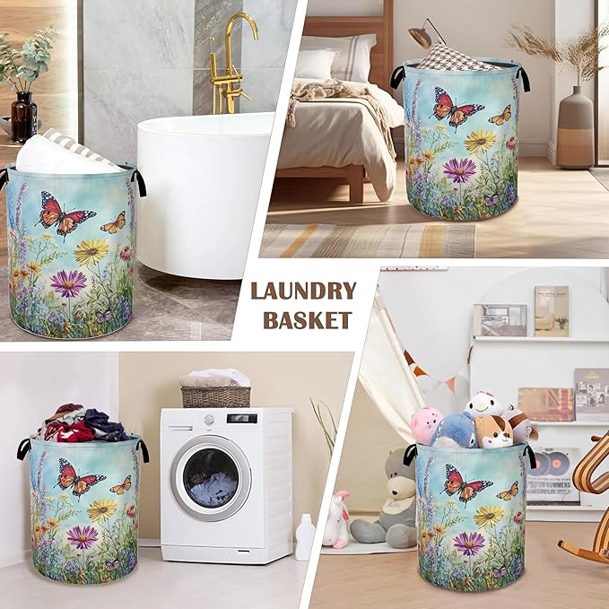 Colorful Butterfly Collapsible Laundry Baskets,Flowers Laundry Hamper,Storage Basket with Handles for Bathroom Bedroom College Dormitory Living Room Nursery Organizer 16"x20"
