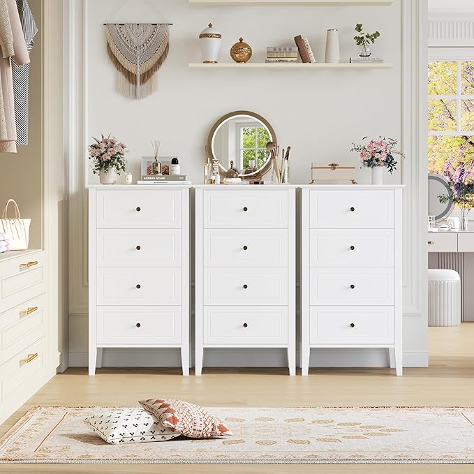 TTVIEW 4 Drawer Dresser, White Dresser Antique Chest of Drawers with Solid Frame, Tall Wood Storage Chest Cabinet for Living Room, Bathroom, Entryway, White