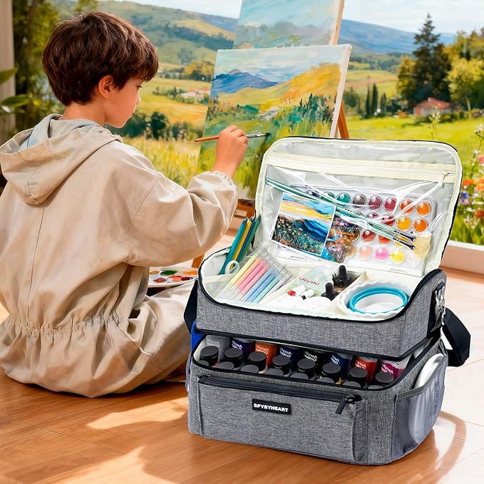 Acrylic Paint Organizer Bag with Washable Roll-Up Brush Holder, 2-Layer Art Supply Case, Large Craft Organizer with Foam Inserts for Apple Barrel, Shuttle Art, Caliart Art Supplies Storage Bag