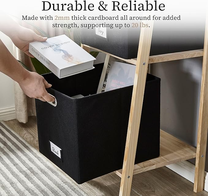 DECOMOMO Black Storage Bins, 11 inch Cube Storage Bin with Labels, Felt Baskets (Cube 11" / 6pcs, Black)