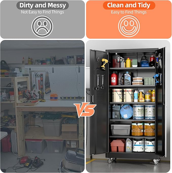 Aobabo 71" H×34" W×18" D Garage Storage Cabinet with Wheels, Metal Locking Storage Cabinet with 4 Hooks and 5 Steel Shelves for Garage, Home Office, School, Assembly Required, Black