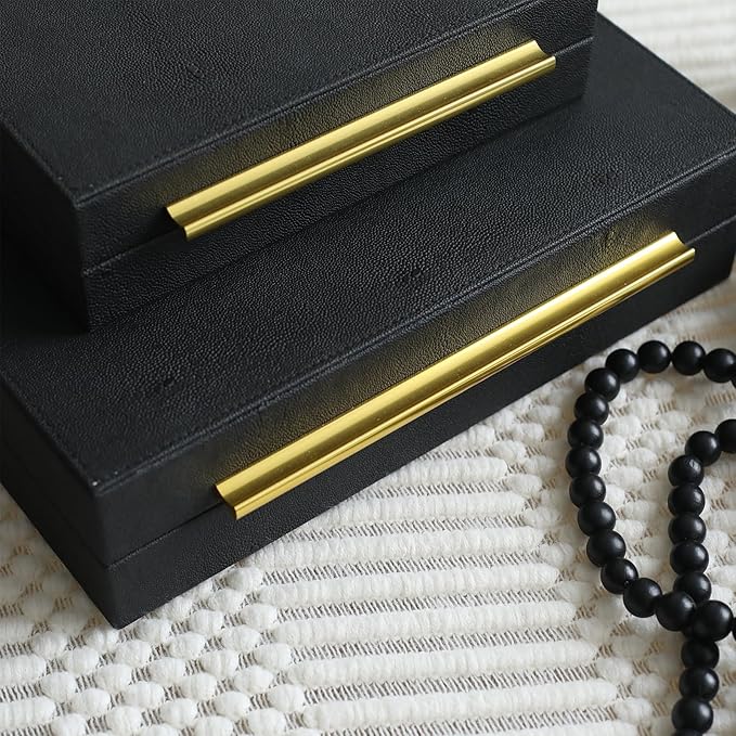 Faux Shagreen Leather Jewelry Boxes Set of 4 with Gold Handles, Stackable Decorative Storage Organizer for Rings, Earrings, Vanity, Dresser, Black