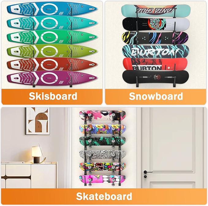 Skateboard Wall Mount, 6 Floors Skate Board Wall Display Hanger Rack, Ski Holder,Snowboard Wall Mount for Storage Longboard Deck Organize