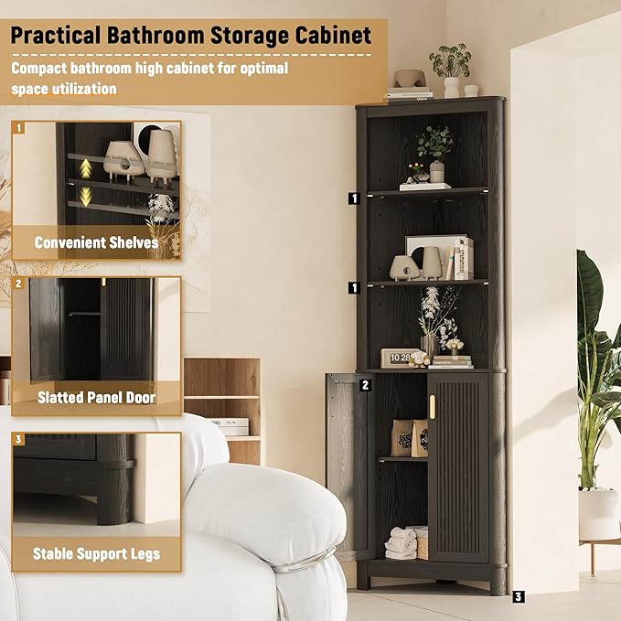69" Tall Corner Shelf with Doors, 7-Tier Corner Storage Cabinet with Doors, Space Saver Shelf for Bathroom, Bathroom Floor Cabinet for Living Room Kitchen, Hallway
