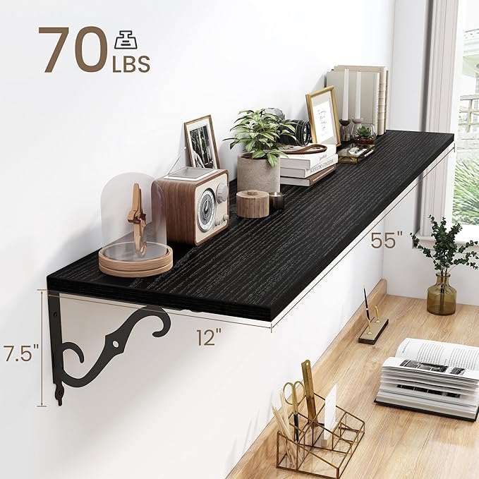 Fun Memories 55 Inch Floating Shelves, Long Floating Shelves Wall-Mounted, 12 Inch Deep Bookshelf with Bracket, 55" W x 12" D Shelves for Wall Display & Storage, Black, Set of 2