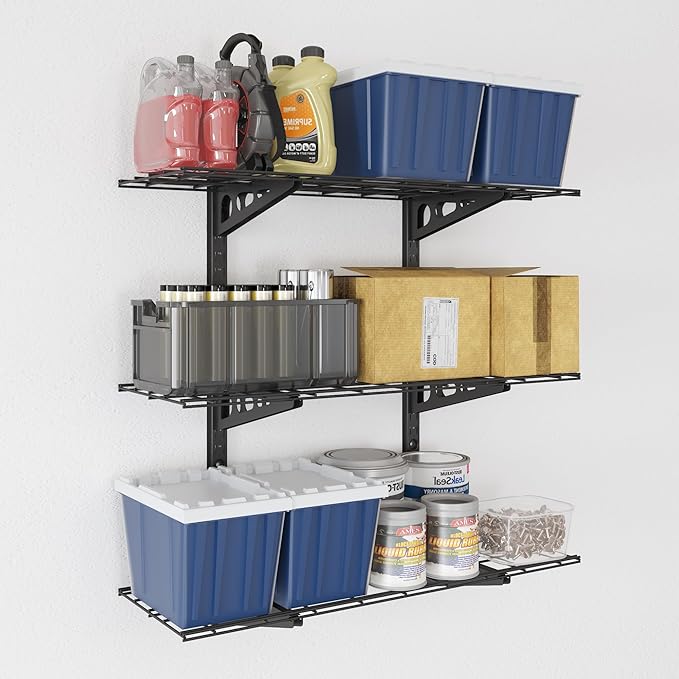FLEXIMOUNTS 3 Tier 1x3ft Garage Storage Wall Shelving, 12x36inch per Shelf Height Adjustable Floating Shelves, 450lbs Total Weight Capacity, Black, Classic Series