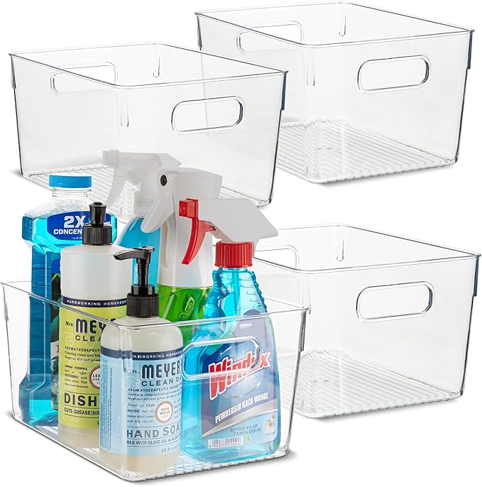 primebox Plastic Food Storage 4 Pack Clear Container Bin with Handles for Organizing Kitchen, Pantry, Refrigerator, Freezer, Pantry, Cabinet, Closet, Bathroom. 10”x7.5”x5.3”