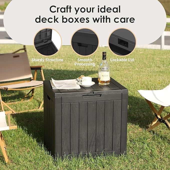 35 Gallon Resin Deck Box, Waterproof Outdoor Storage Box for Patio, Poolside, and Garden, Lockable UV-Resistant Storage Bin Bench Cabinet for Small Spaces, Black