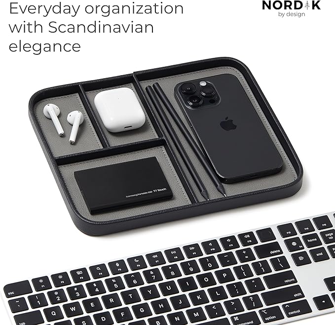 Nordik Leather Valet Tray - Pebble Black - 9.5 x 7.9 Inch Medium Vegan Leather Tray - Stylish Nightstand Organizer for Men - Modern Bedside Caddy - EDC Catchall for Key Watch Wallet Jewellery