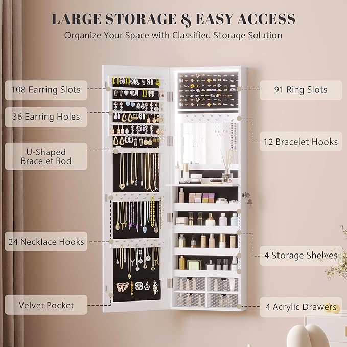 Vlsrka 47.2" LED Jewelry Mirror Cabinet, Wall/Door Mounted Jewelry Armoire Organizer with Full Length Mirror, Large Storage Hanging Cabinet, 4 Drawers, 5 Shelves, Built-in Lighted Mirror (White)