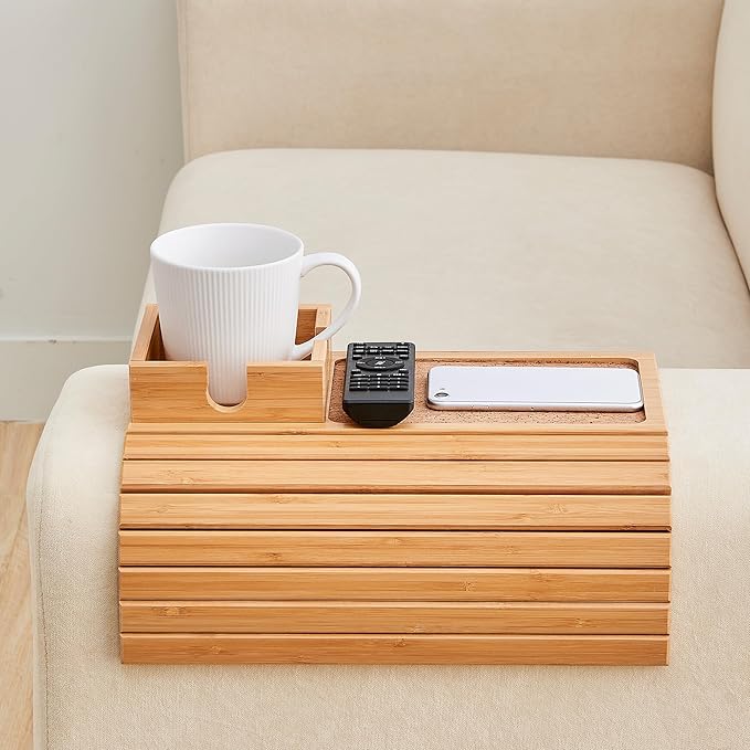Bamboo Couch Cup Holder, Foldable Sofa Arm Tray, Anti-Slip Couch Aremrest Tray Table for Drink, Cup, Remote, Snacks, Cellphone, Portable, Bamboo/Cork Color