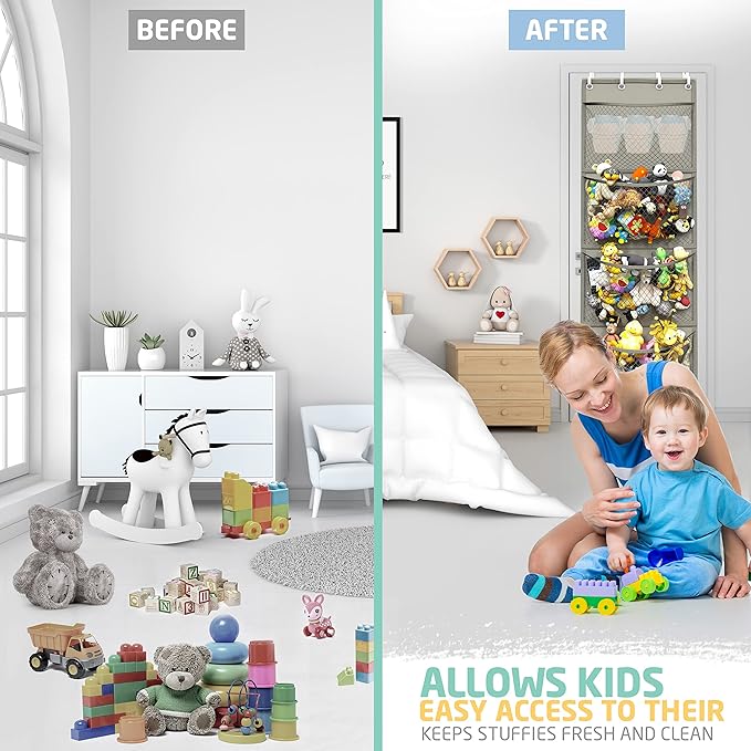 Honeyera Storage for Stuffed Animal - Over Door Organizer for Stuffies, Baby Accessories, and Toy Plush/Easy Installation with Breathable Hanging Pockets (Gray)