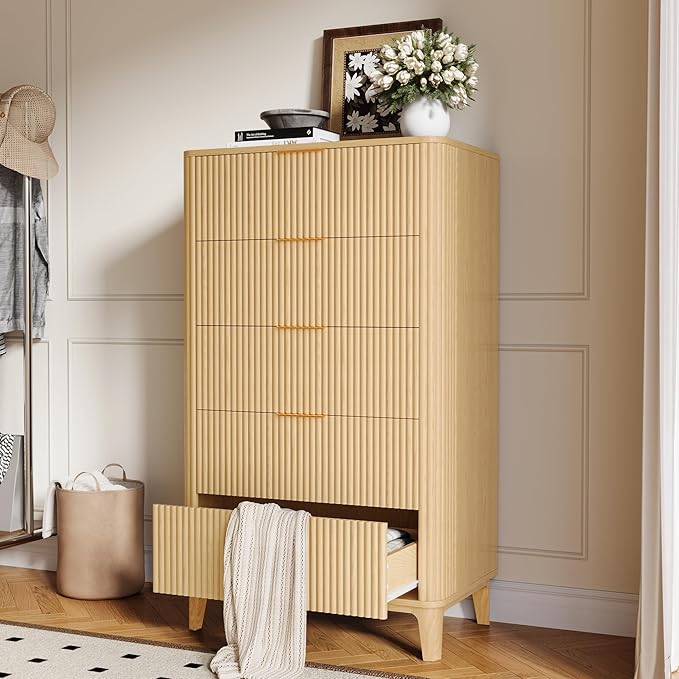 Fluted 5 Drawers Dresser for Bedroom, 45" Modern Tall Chest of Drawers with Wood Grain, Farmhouse Wooden Vertical Dresser, Curved Profile Design, Wood Drawer Organizer for Closet, Hallway Natural