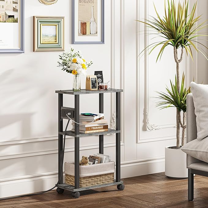 TUTOTAK Small Narrow Side Table with Charging Station, Skinny End Table for Small Spaces, Slim Nightstand with USB Ports and Outlet, Sofa Beside Table with Wheels, Charcoal Grey TB01BY046