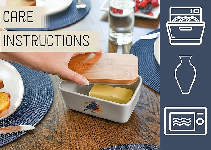 Nat & Jules Dean Crouser Ceramic Stoneware 1/2 Pound, 2 Sticks Butter Dish Airtight Bamboo Lid, Kitchen Accessory, Container Holder, Refrigerator Storage, Countertop Organization, Watercolor Bluebird