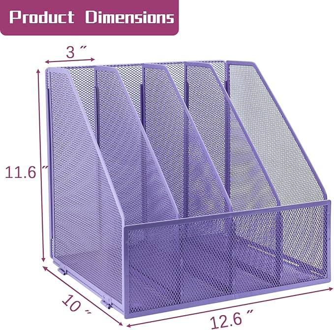 Desk Organizers, Metal Magazine File Holder with 4 Vertical Compartments Rack Binder File Organizer for Office Supplies, Home Workspace - Purple