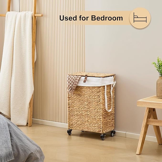 Rolling Laundry Hamper with Lid and Wheels, Slim Laundry Basket with Removable Liner Bag & 2 Mesh Bags, Handwoven Water Hyacinth Clothes Hamper for Bedroom Bathroom (Natural, 50L)