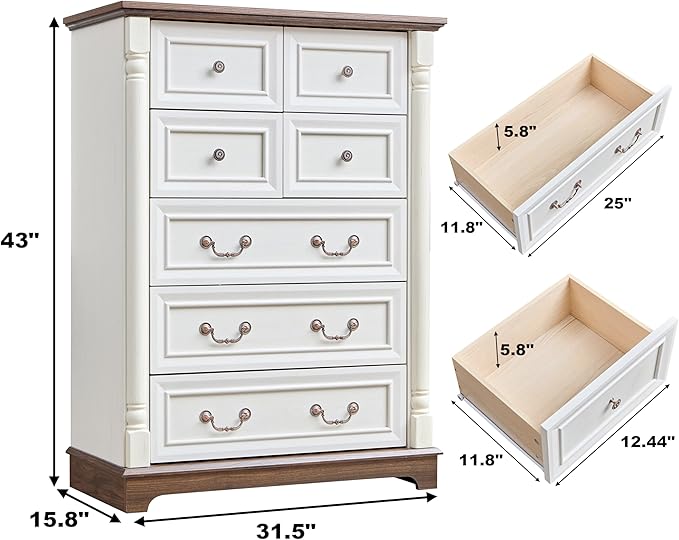 Farmhouse 7 Drawer Dresser with Roman Column Design, 43" Tall Dressers Wood Chest of Drawers for Bedroom,Living Room, Antique White