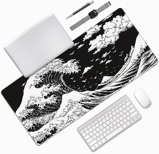 Japanese Sea Wave Large Mouse Pad, Anime Style Gaming Desk Mat, XXL Keyboard Desk Pad Mat for Desktop, 35.4"x15.7" Non-Slip Base Big Mousepad with Stitched Edges