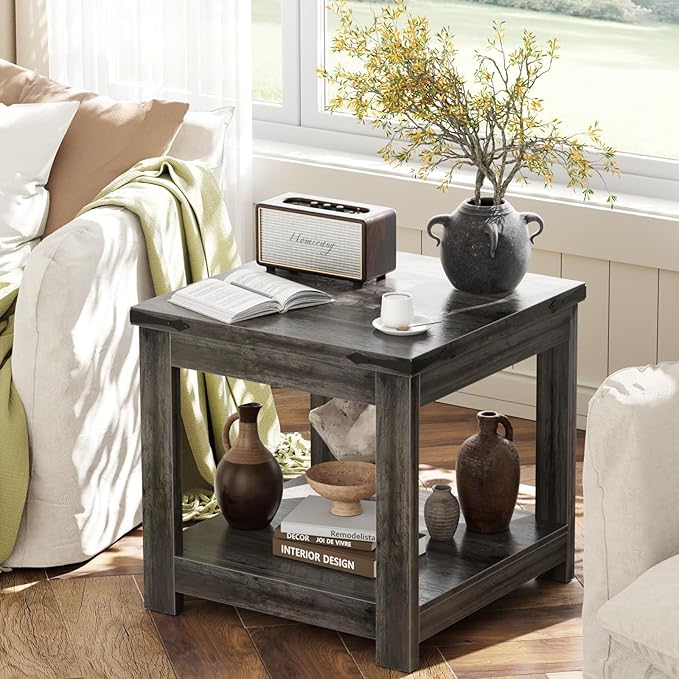 Homieasy End Table, 20 Inch Square End Table, Farmhouse Wood Side Table with Storage Shelf, Industrial Accent Bedside Table for Living Room, Bedroom,Grey Oak