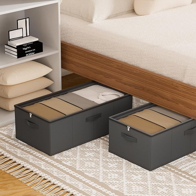 2 Pack Under Bed Storage Containers, 10 Inch Tall Underbed Clothes Storage Organizer Bin with Clear Window，Foldable Box Basket for Clothes, Closet, Bed Sheets and Blankets Black