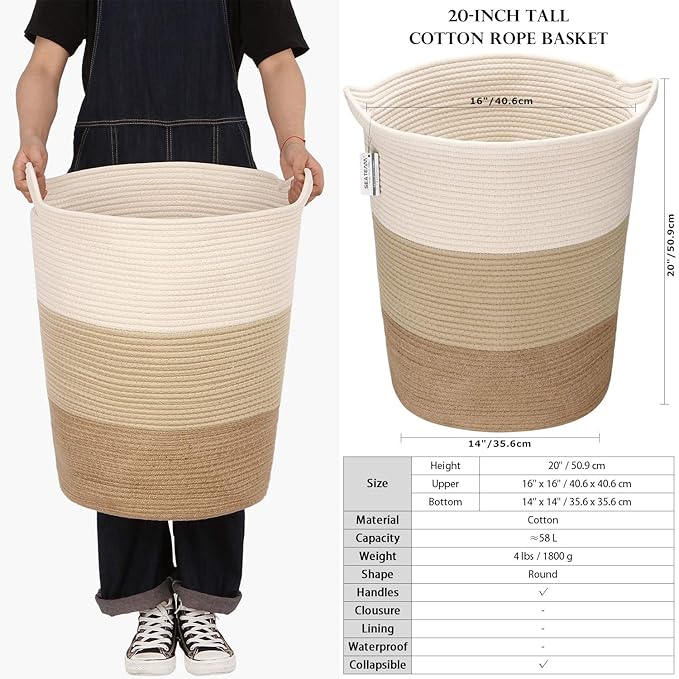 Sea Team Large Size Cotton Rope Woven Storage Basket with Handles, Laundry Hamper, Fabric Bucket, Drum, Clothes Toys Organizer for Kid's Room, 20 x 14 inches, Round Open Design, White & Khaki