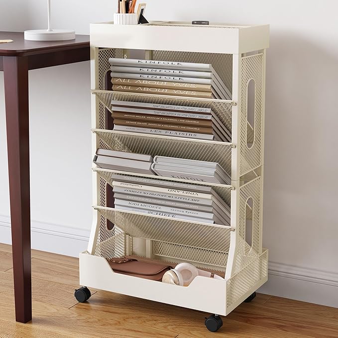 Book Cart with Wheels Mobile Bookshelf Rolling Bookshelf Organizer Bookcase Book Storage Rack, Book Movable Rolling Carts with Wheels for Office School, Beige