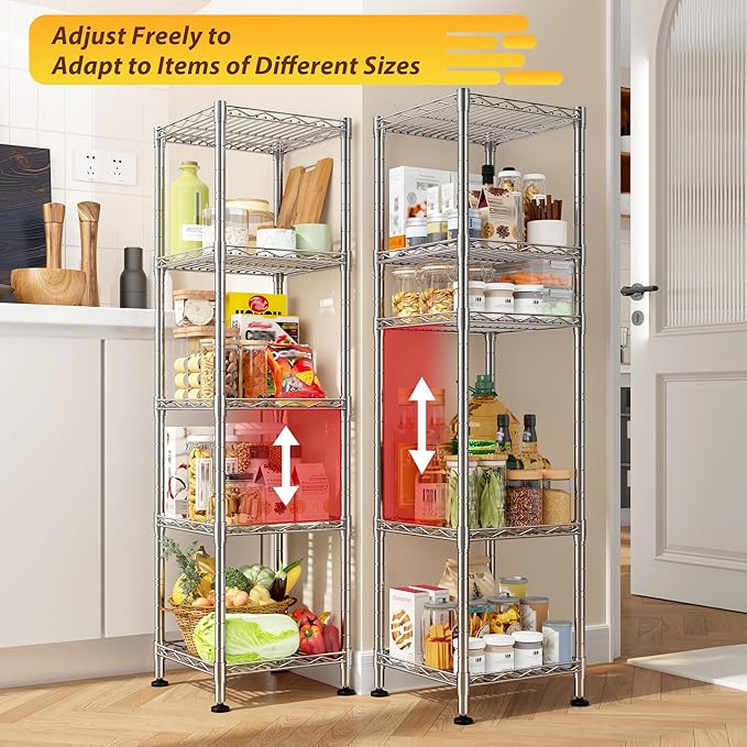 5 Wire Shelving Metal Shelves Storage Rack:Adjustable Storage Shelves Standing Shelf Units and Narrow Shelf for Laundry Bathroom Kitchen Pantry Closet Office 12''Wx12''Dx49''H Chrome
