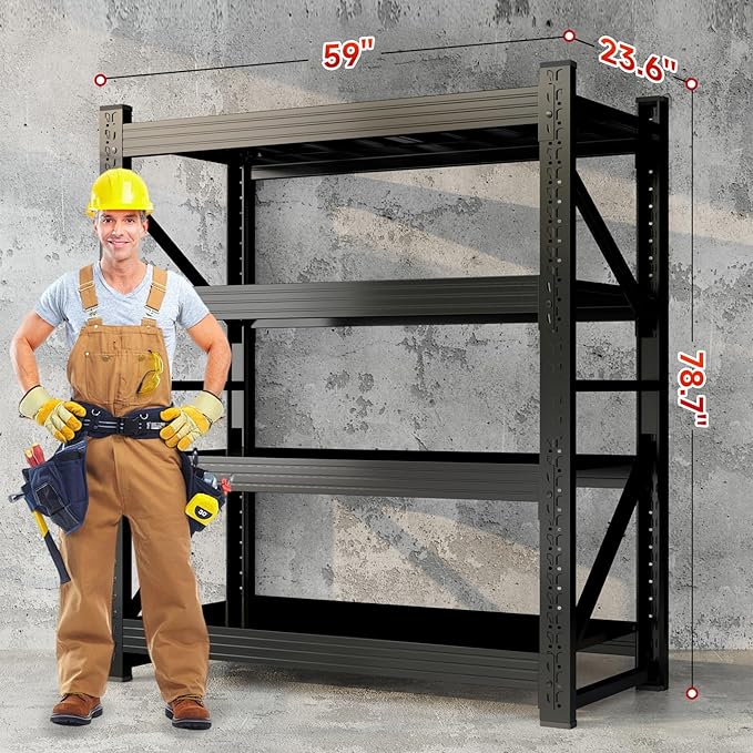 5000LBS Storage Shelves, 59" W Garage Shelving Heavy Duty Adjustable Shelving Units, 4 Tier Metal Garage Shelves Industrial Shelving for Garage, Warehouses, Basement, Black