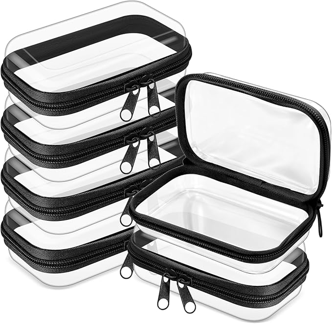 Sanwuta 6 Pcs Clear Hard Zipper Case Hard Plastic Zipper Pouches Transparent Makeup Bag Pencil Pouches for Travel Snacks Christmas Trinket Storage Organizer Box(Black,5 x 3 x 2 Inch)