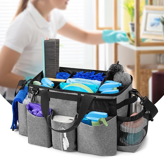 LoDrid Wearable Cleaning Caddy Bag with 4 Foldable Dividers, Cleaning Supply Organizer with Shoulder Strap and Side Handles for Cleaners & Housekeepers, Grey