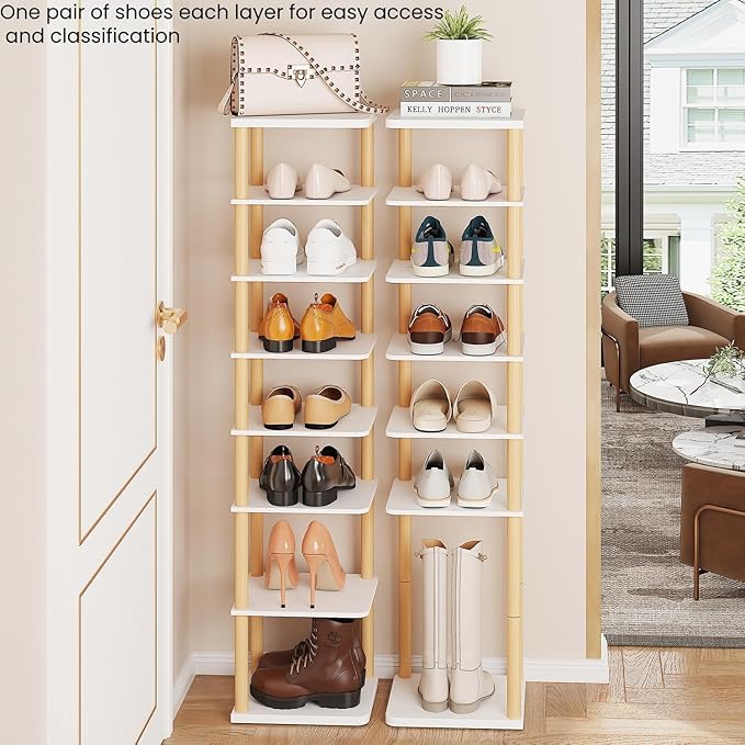 LUCKNOCK Vertical Shoe Rack, 8-Tier Tall Narrow Shoe Organizer for Entryway, Closet, Dorm & Small Spaces, Freestanding White Wooden Shoe Shelf Tower for Boots, Sneakers, Heels.