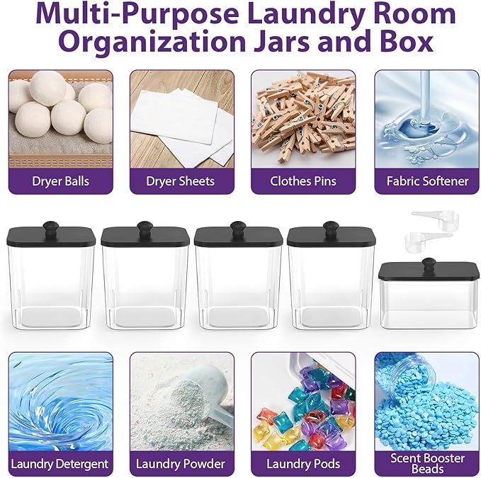 4+1 Pack Clear Laundry Pods Container & Dryer Sheet Holder, Plastic Square Laundry Room Organization and Storage Jars with Black Lids, Scoops & Labels for Detergent, Powder, Dryer Balls