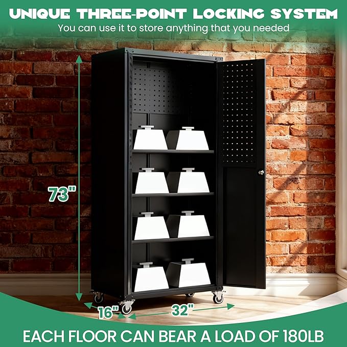 Rolling Tool Cabinet with Pegboard, 71" Tool Cabinets with 4 Adjustable Shelves for Garage, Tool Room, Assembly Required(Black)