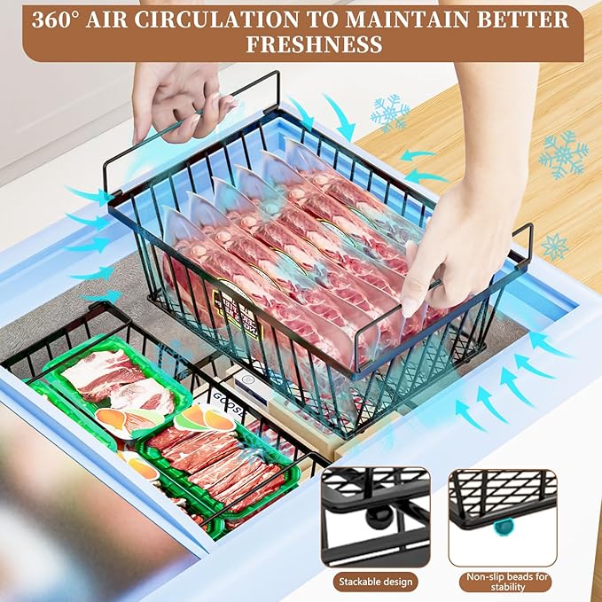 Freezer Organizer Bins ，Enhanced Leak-Proof Bottom，4 Pack Stackable Deep Freezer Organizer Bins for 5 Cu.FT Small Chest Freezer，Easy Get Bottom Foods without Digging（for 5 Cu.Ft