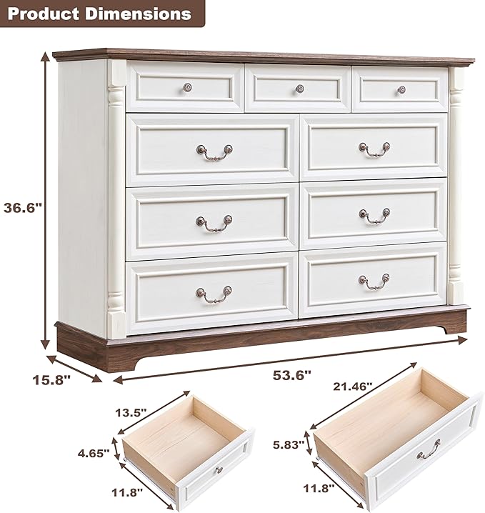 Farmhouse 9 Drawer Dressers for Bedroom, 54" Wood Chest of Drawers, Big Dressers with deep Drawers & Roman Column, Antique White
