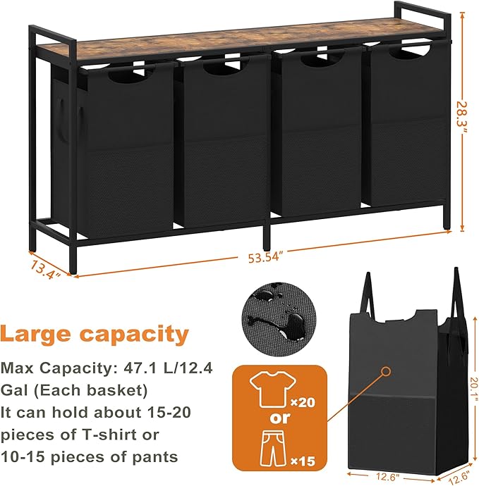 Heybly Laundry Hampers, 4 X 12.5 Gal Laundry Basket with Large Desktop Sorter for Laundry Room organization, Bathroom and Dorm Laundry Bags on Storage Shelf, Rustic Brown HLH004SR